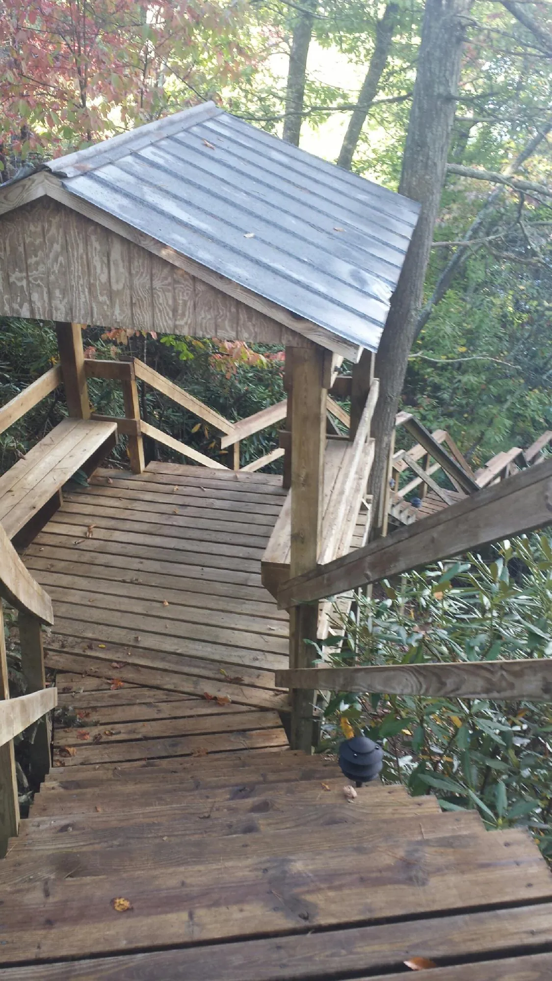 Metal roofed shelter over wooden steps on a wooded walkway — Skylight Repair & Installation work by our crew in Nathrop